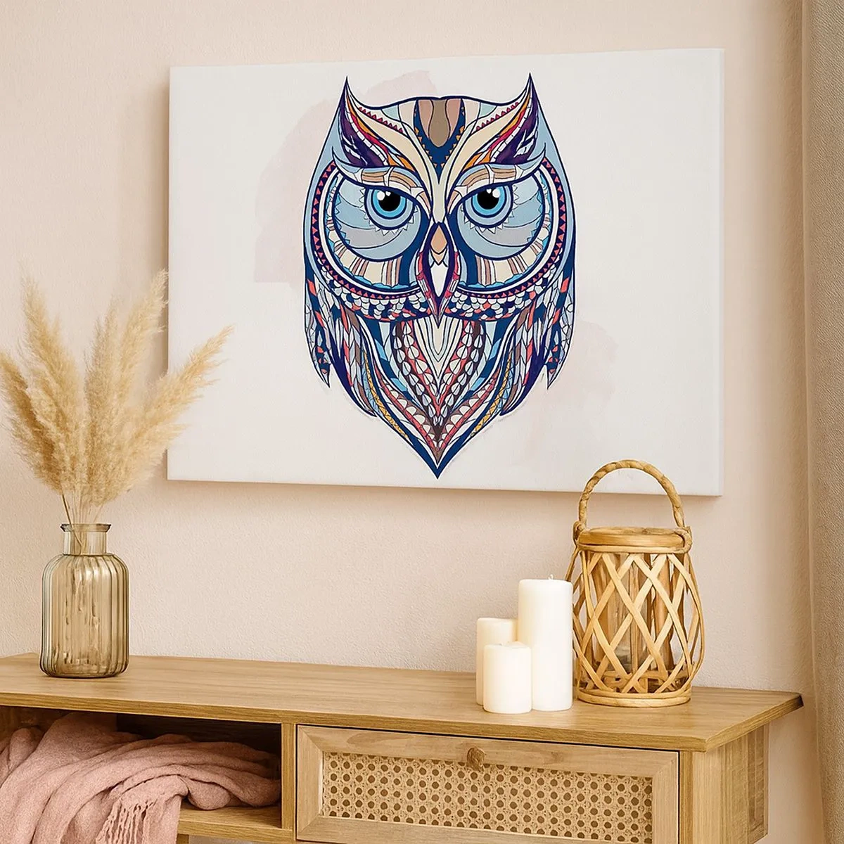 Obraz na plátně - Geometrická sova v odstínech modré a béžové - 70x50cm - Umělecká ozdobná sova - Moderní nástěnná dekorace do obývacího pokoje a ložnice ARTTOR