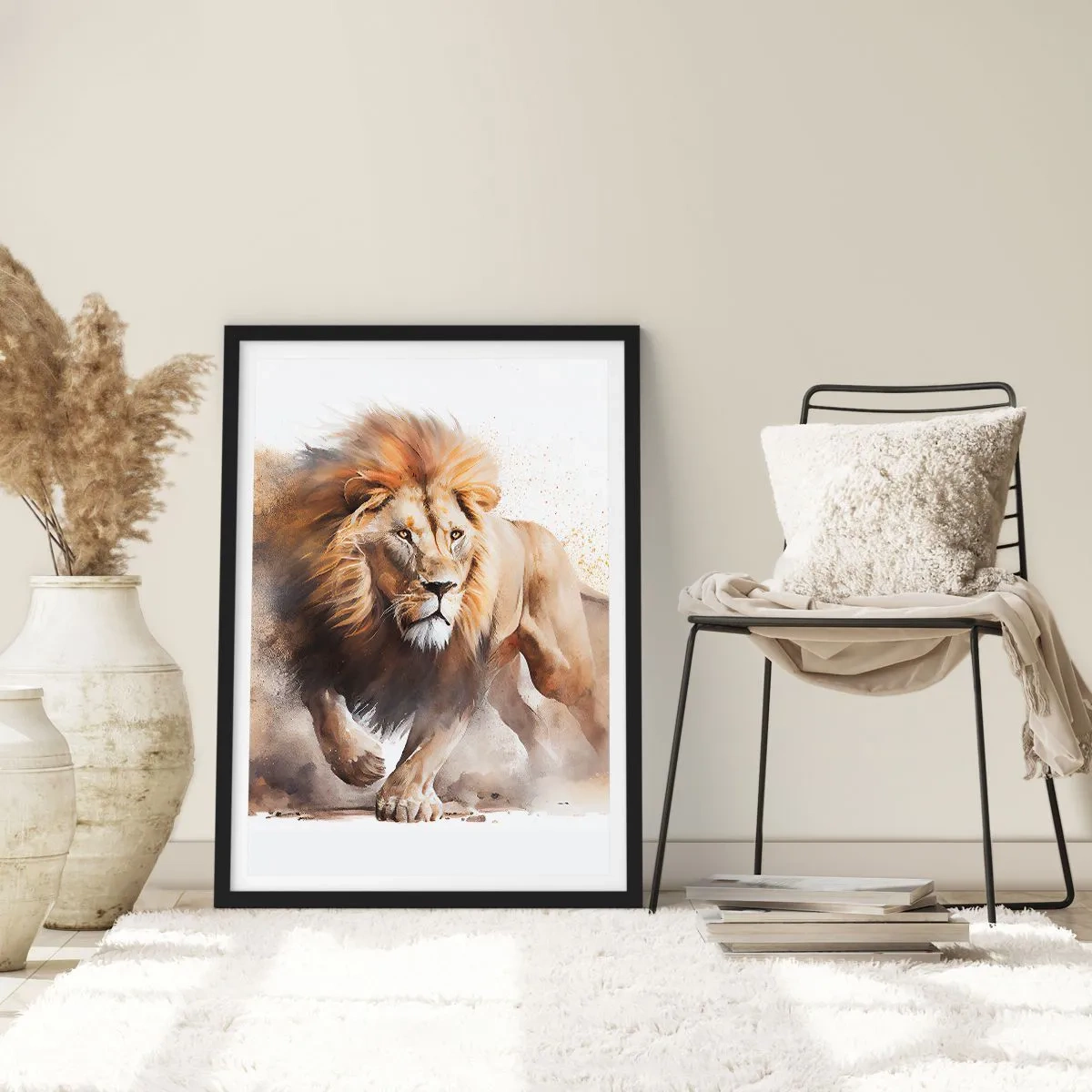 Plakát v černém rámu - Majestátní lev v pohybu v malířském stylu - 50x70cm - Král se pohnul - Moderní nástěnná dekorace do obývacího pokoje a ložnice ARTTOR