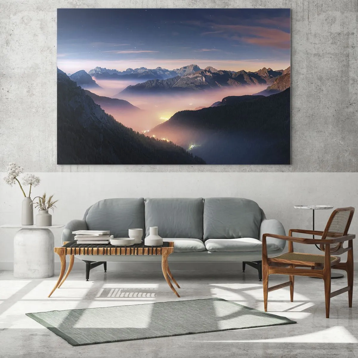 Obraz na skle - Horská krajina při západu slunce s mlhou v údolí - 70x50cm - Světlo v údolích - Moderní nástěnná dekorace do obývacího pokoje a ložnice ARTTOR
