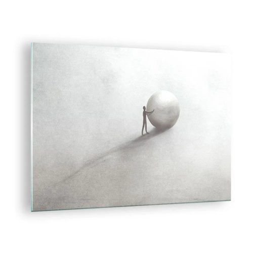 Obraz na skle - Minimalistická silueta muže s velkým míčem na světlém pozadí. - 70x50cm - Hra života - Moderní nástěnná dekorace do obývacího pokoje a ložnice ARTTOR