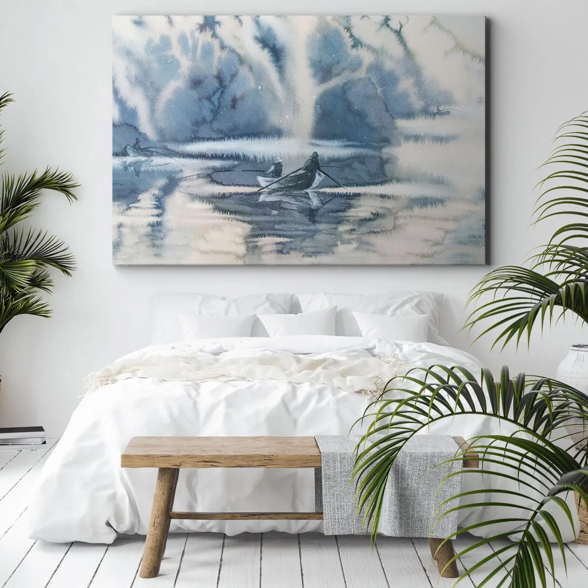 Obraz na plátně - Akvarelová krajina s loděmi na jezeře obklopeném mlhavým lesem - 70x50cm - Rybáři ve svém ráji - Moderní nástěnná dekorace do obývacího pokoje a ložnice ARTTOR