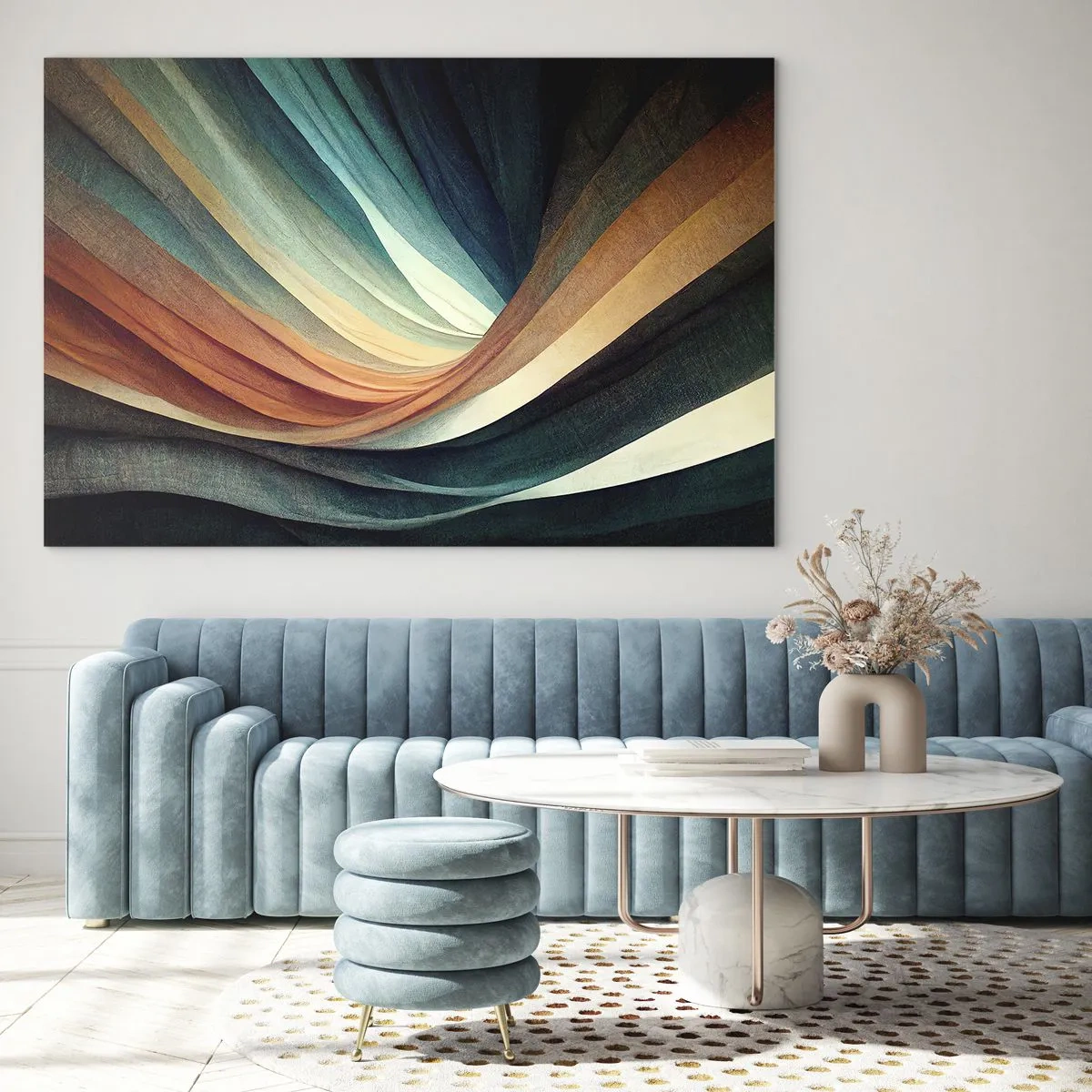 Obraz na skle - Barevné vlny v odstínech tyrkysové, oranžové a béžové - 70x50cm - Utkané z barev - Moderní nástěnná dekorace do obývacího pokoje a ložnice ARTTOR