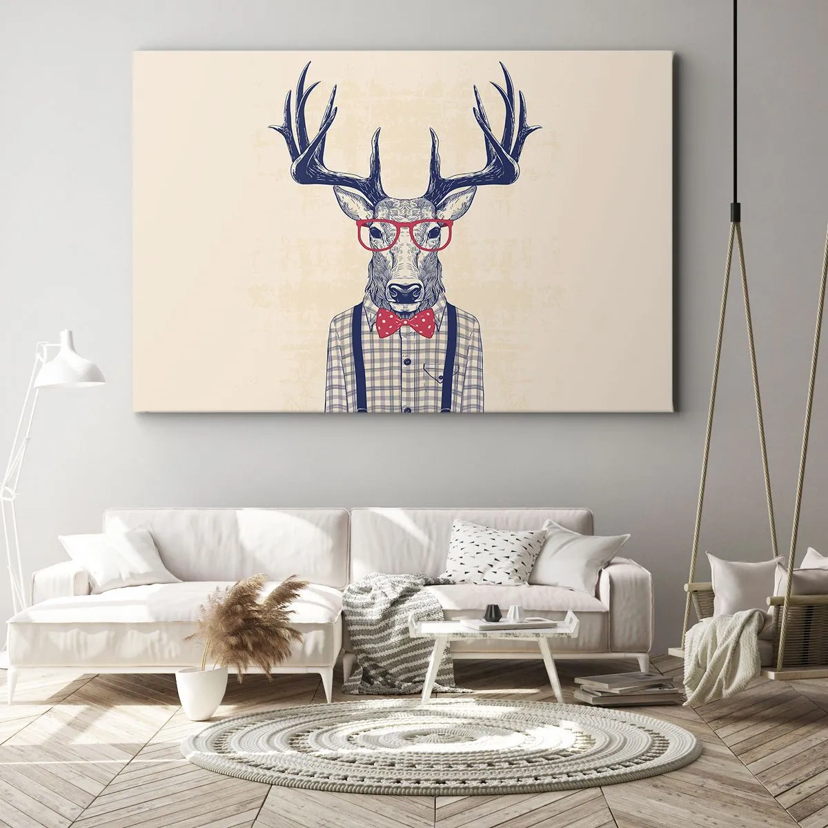 Obraz na plátně - Stylizovaná grafika jelena s brýlemi a motýlkem - 70x50cm - Zábavná extravagance - Moderní nástěnná dekorace do obývacího pokoje a ložnice ARTTOR