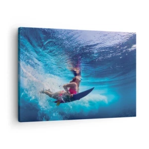 Obraz na plátně - Surfař pod vodou v dynamické kompozici v odstínech modré. - 70x50cm - Hloubka radosti - Moderní nástěnná dekorace do obývacího pokoje a ložnice ARTTOR