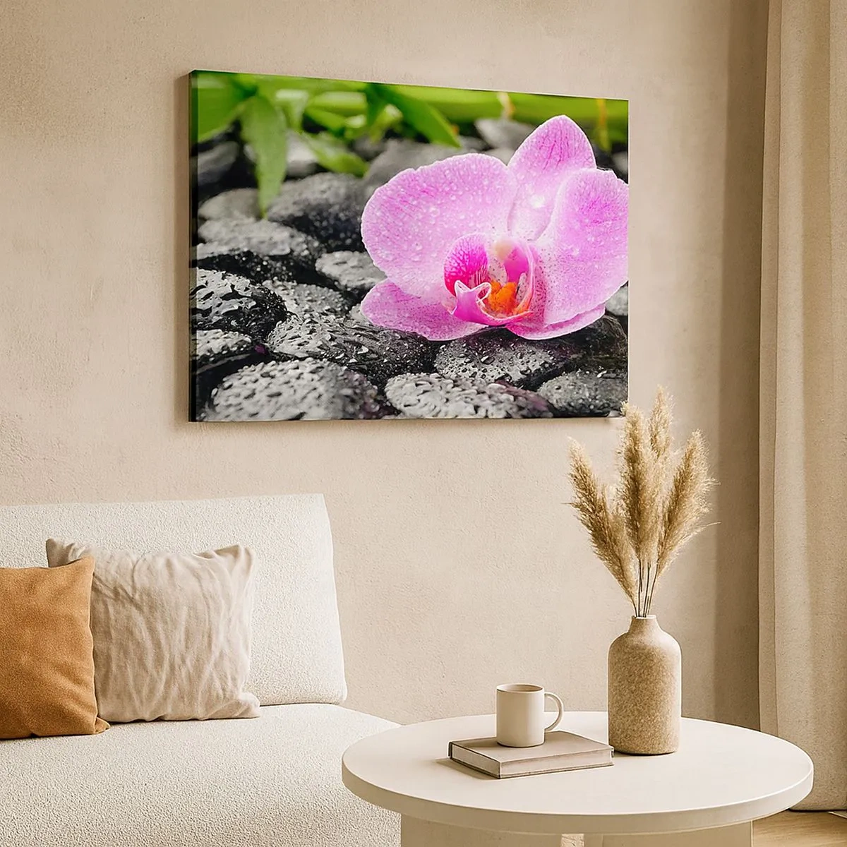 Obraz na plátně - Růžová orchidej na mokrých černých kamenech se zelenými listy - 70x50cm - Jako otevřené srdce - Moderní nástěnná dekorace do obývacího pokoje a ložnice ARTTOR