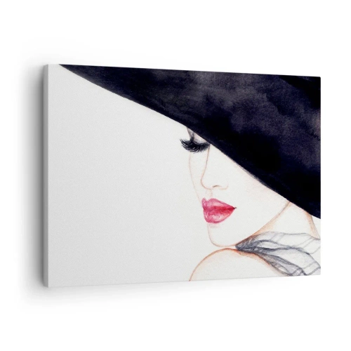 Obraz na plátně - Jemná ilustrace ženy v černém klobouku s červenými rty - 70x50cm - Elegance a smyslnost - Moderní nástěnná dekorace do obývacího pokoje a ložnice ARTTOR