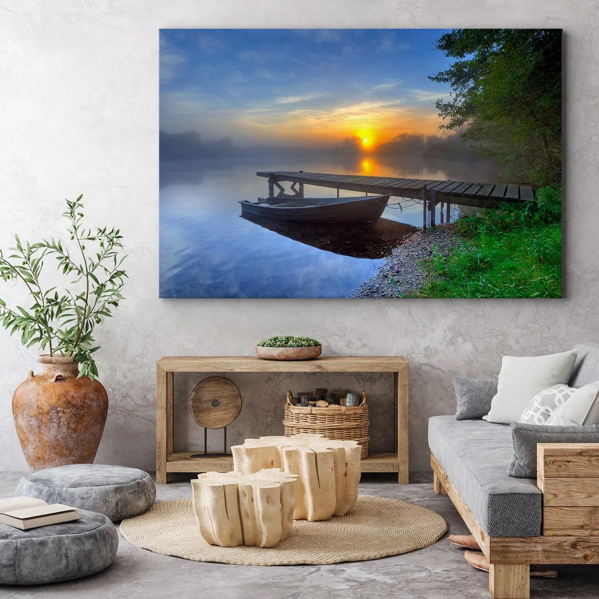 Obraz na plátně - Molo u jezera při východu slunce s lodí na břehu - 70x50cm - Jak se obyčejné mění na kouzelné - Moderní nástěnná dekorace do obývacího pokoje a ložnice ARTTOR