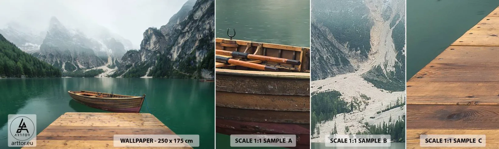 Vzor Fototapety Samolepicí Deluxe Sticker - „Hrdé skály vepředu“ - Krajina, hory, jezero - 100x30 cm