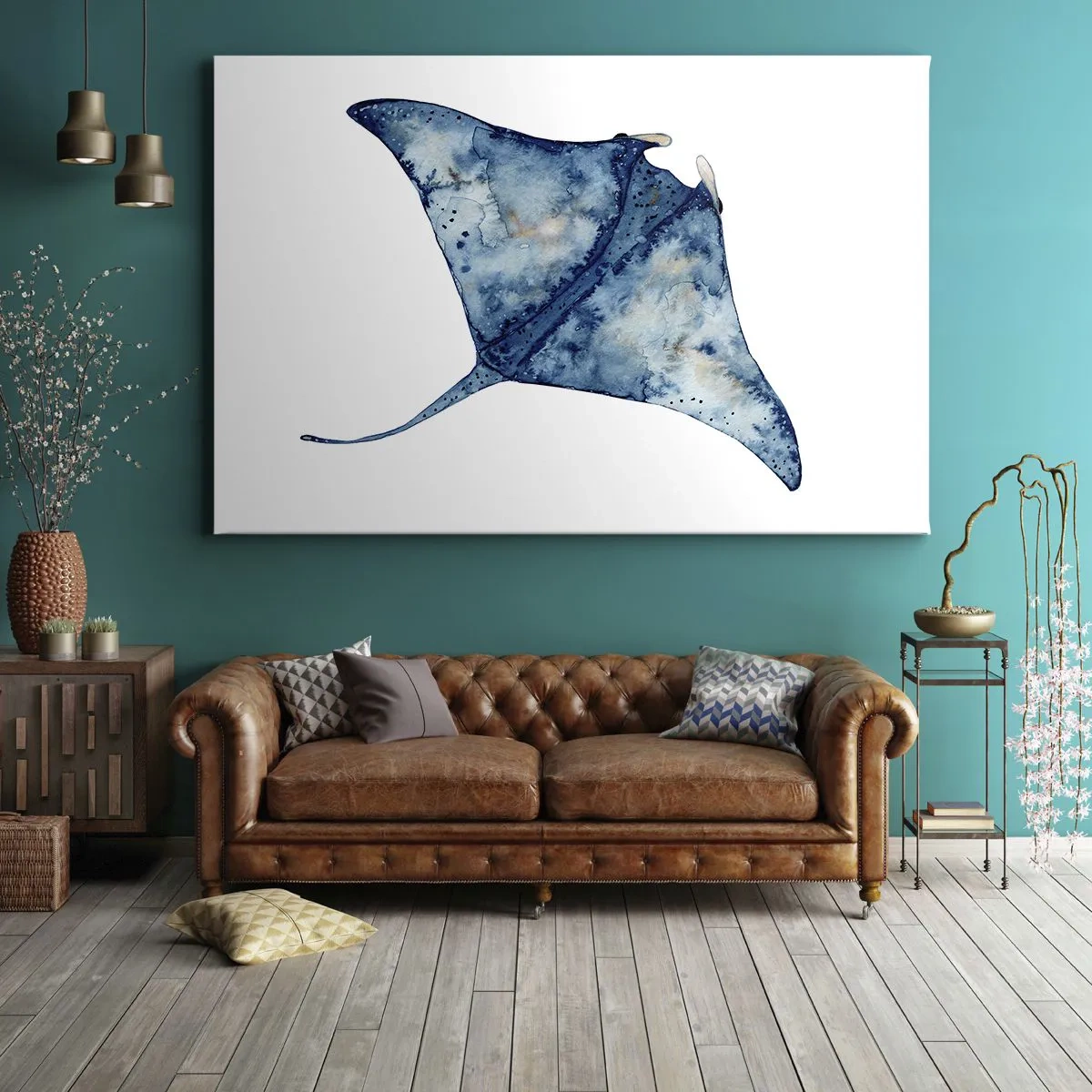 Obraz na plátně - Modrý rejnok v akvarelovém stylu na bílém pozadí - 70x50cm - Život v modři - Moderní nástěnná dekorace do obývacího pokoje a ložnice ARTTOR
