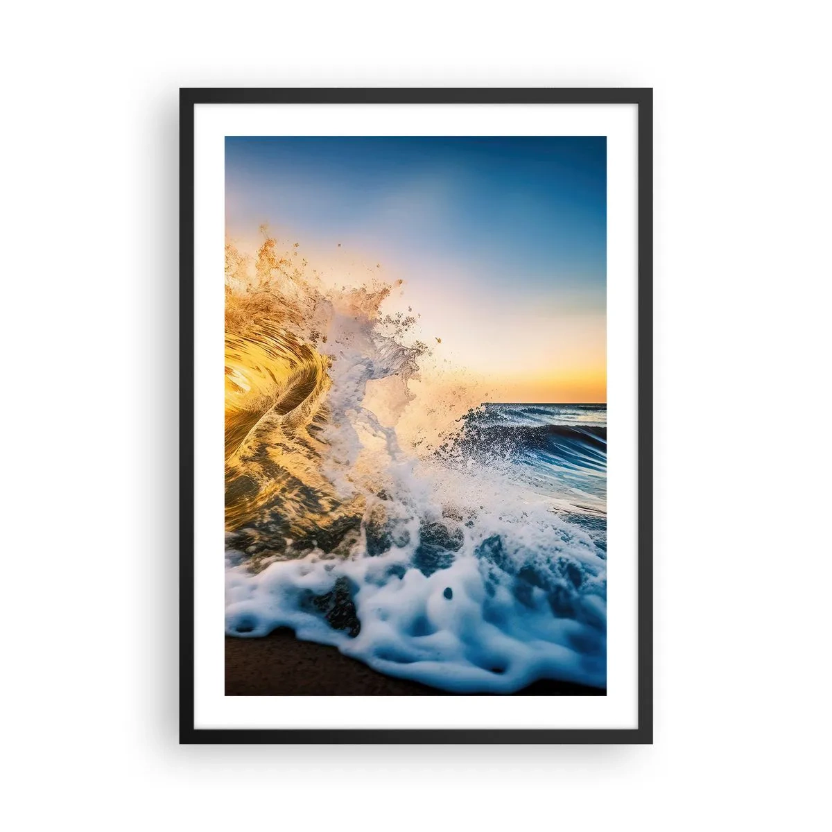 Plakát v černém rámu - Dynamická mořská vlna narážející na břeh při západu slunce - 50x70cm - Hra v písku - Moderní nástěnná dekorace do obývacího pokoje a ložnice ARTTOR