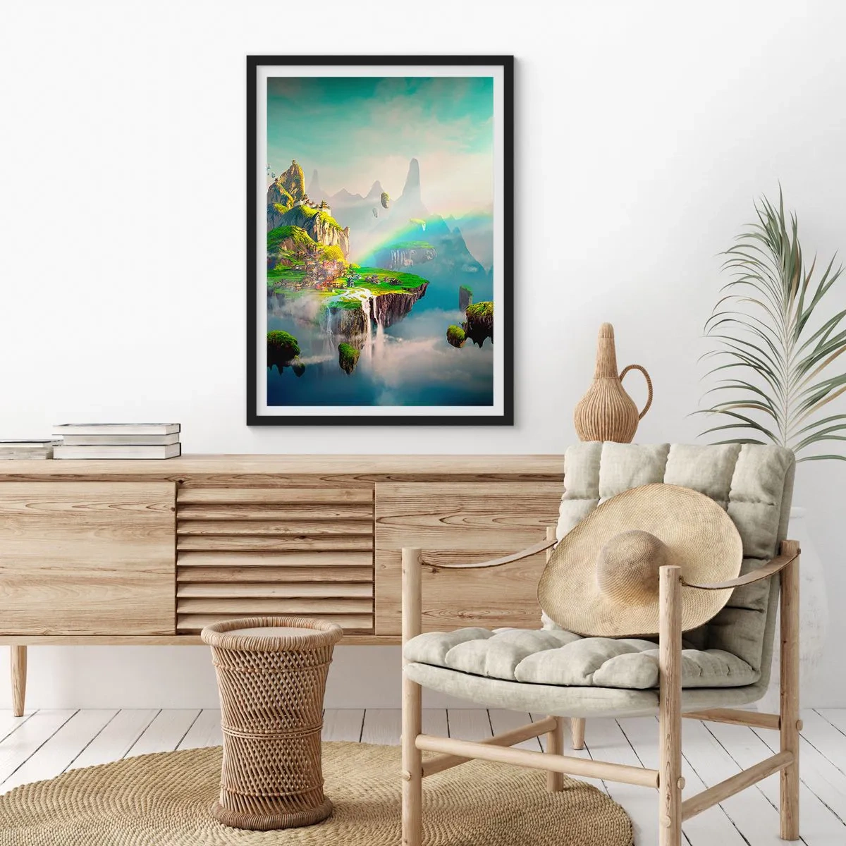 Plakát v černém rámu - Kouzelná krajina s horami, duhou a vodopádem - 50x70cm - Uprostřed nebe - šťastné ostrovy - Moderní nástěnná dekorace do obývacího pokoje a ložnice ARTTOR