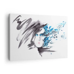 Obraz na plátně - Umělecké akvarelové malování na obličej s modrými akcenty - 70x50cm - Smyslný portrét v šedé a modré - Moderní nástěnná dekorace do obývacího pokoje a ložnice ARTTOR