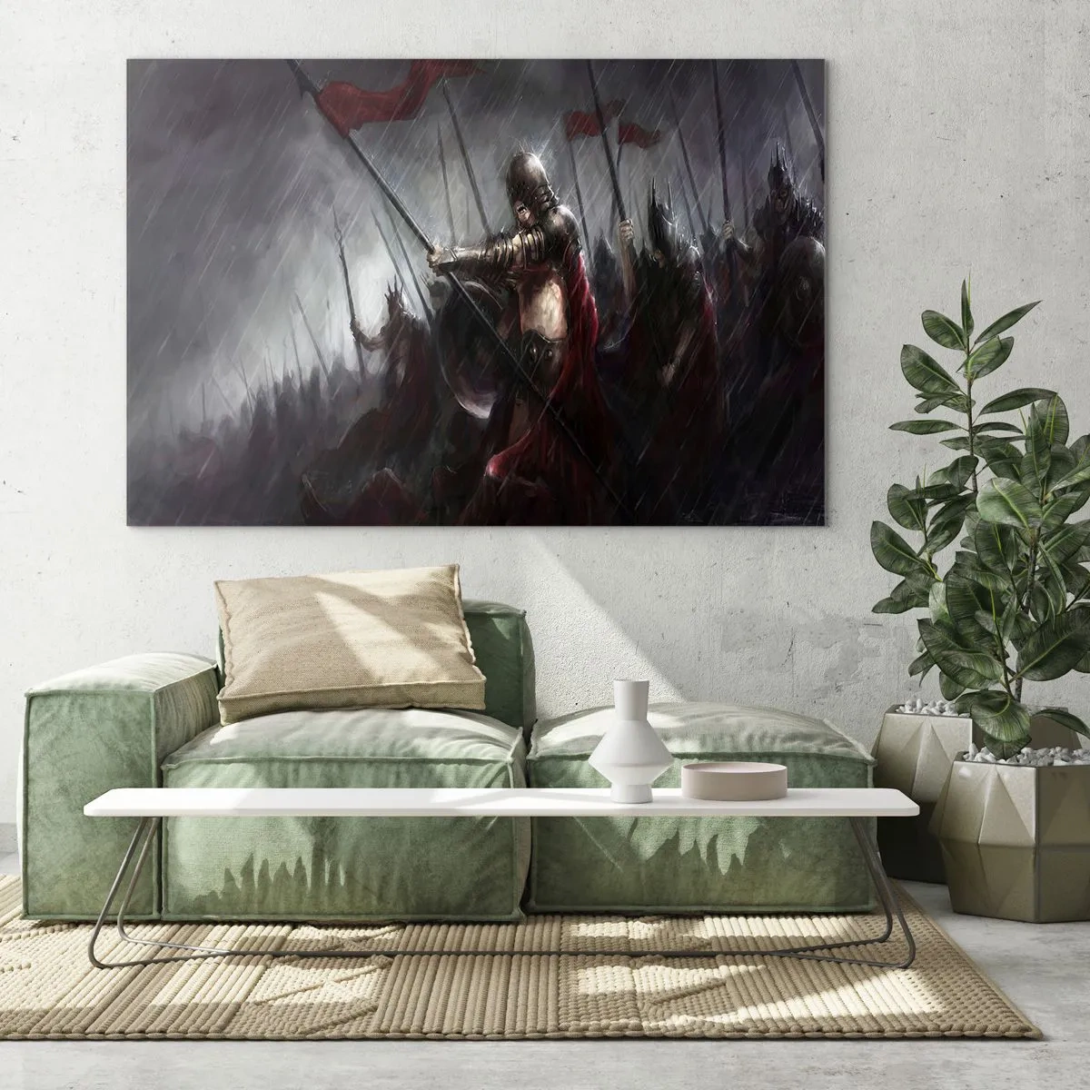 Obraz na skle - Rytíři v dešti na bojišti v plné výstroji - 70x50cm - Poutníče zvěstuj Lakedaimonským… - Moderní nástěnná dekorace do obývacího pokoje a ložnice ARTTOR