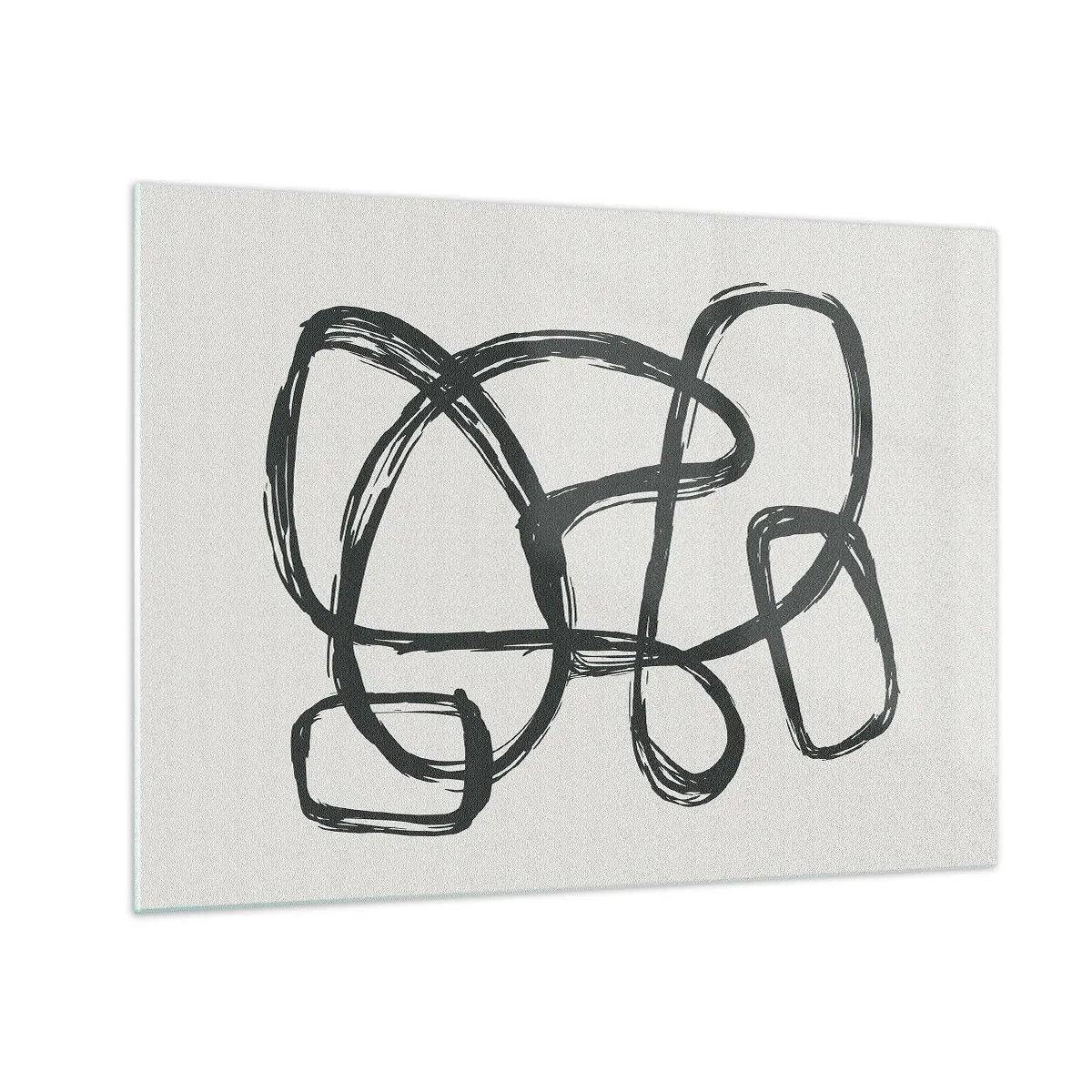 Obraz na skle - Černé smyčky a čáry tvoří abstraktní kompozici na bílém pozadí. - 70x50cm - Abstrakce ve smyčce - Moderní nástěnná dekorace do obývacího pokoje a ložnice ARTTOR