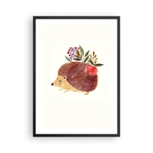 Plakát v černém rámu - Roztomilý ježek s jablkem a větvičkami na světlém pozadí - 50x70cm - A už mě máš rád - Moderní nástěnná dekorace do obývacího pokoje a ložnice ARTTOR