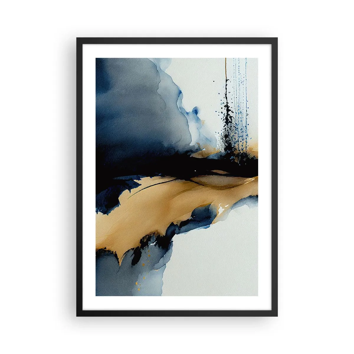 Plakát v černém rámu - Abstraktní kompozice v odstínech tmavě modré a zlaté - 50x70cm - Za závojem - Moderní nástěnná dekorace do obývacího pokoje a ložnice ARTTOR