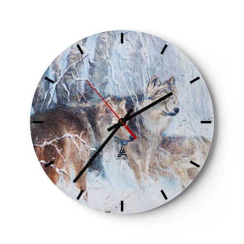 Nástěnné hodiny - Vlk v zimní krajině, obklopený zasněženými stromy - 30x30cm - Pozor! Přichází… - Moderní nástěnná dekorace do obývacího pokoje, kuchyně a ložnice ARTTOR
