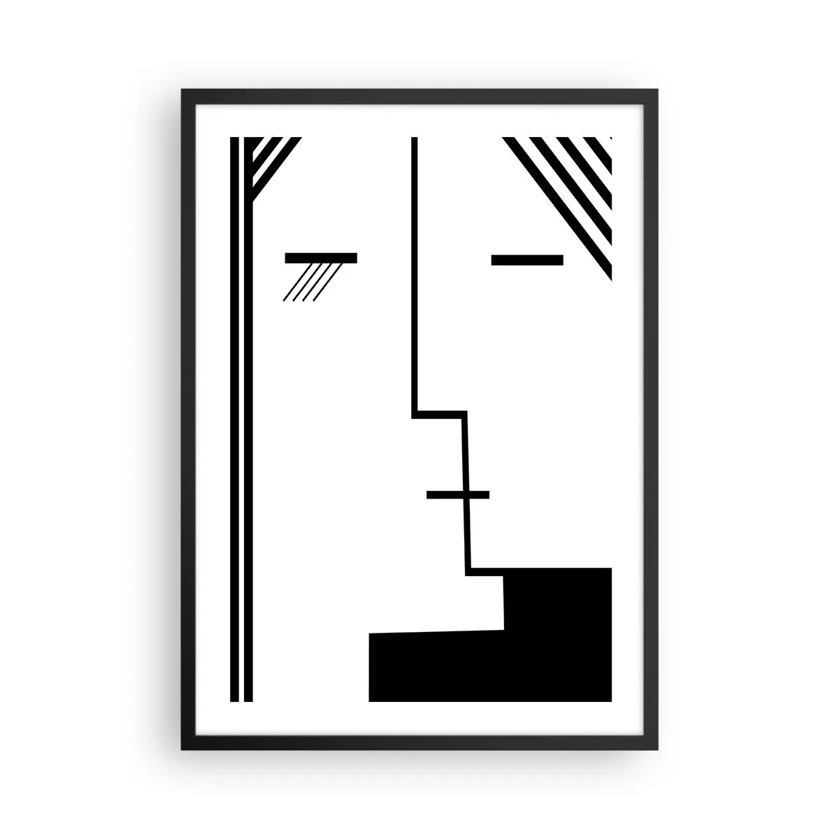 Plakát v černém rámu - Minimalistická, abstraktní tvář v černobílém stylu. - 50x70cm - Prostě polibek - Moderní nástěnná dekorace do obývacího pokoje a ložnice ARTTOR