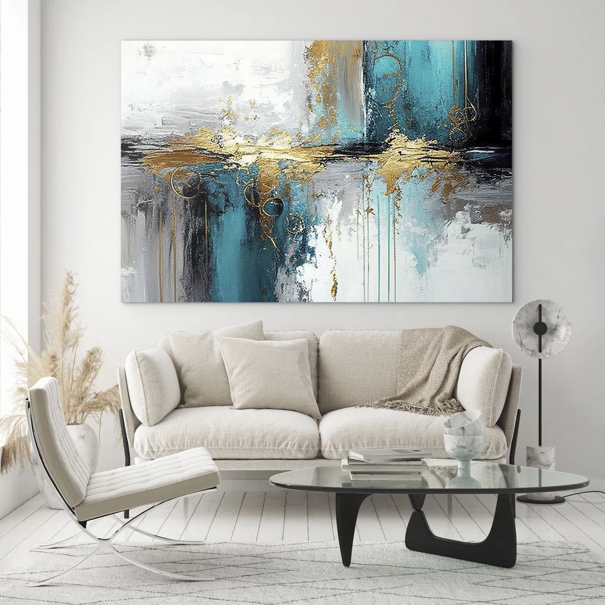 Obraz na skle - Abstrakce s tyrkysovou a zlatou na bílém pozadí - 70x50cm - Všechno plyne - Moderní nástěnná dekorace do obývacího pokoje a ložnice ARTTOR