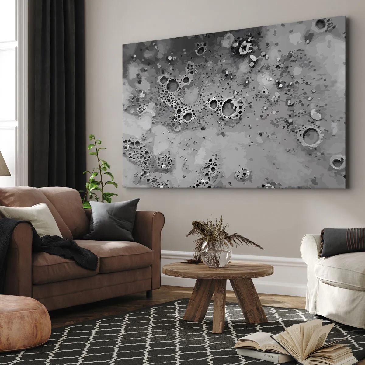 Obraz na plátně - Abstraktní černobílý bublinový vzor - 70x50cm - Jako měsíční krajina - Moderní nástěnná dekorace do obývacího pokoje a ložnice ARTTOR