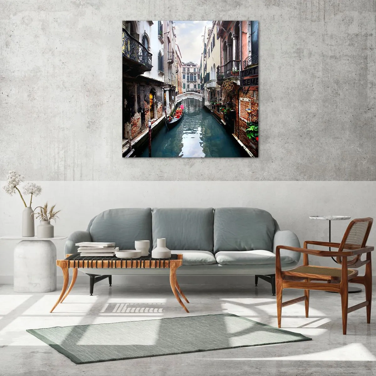 Obraz na skle - Benátská krajina s gondolou a můstkem - 60x60 cm