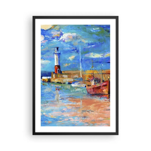 Plakát v černém rámu - Malebný přístav s majákem a kotvícími loděmi - 50x70cm - Odpoledne v duhové zátoce - Moderní nástěnná dekorace do obývacího pokoje a ložnice ARTTOR