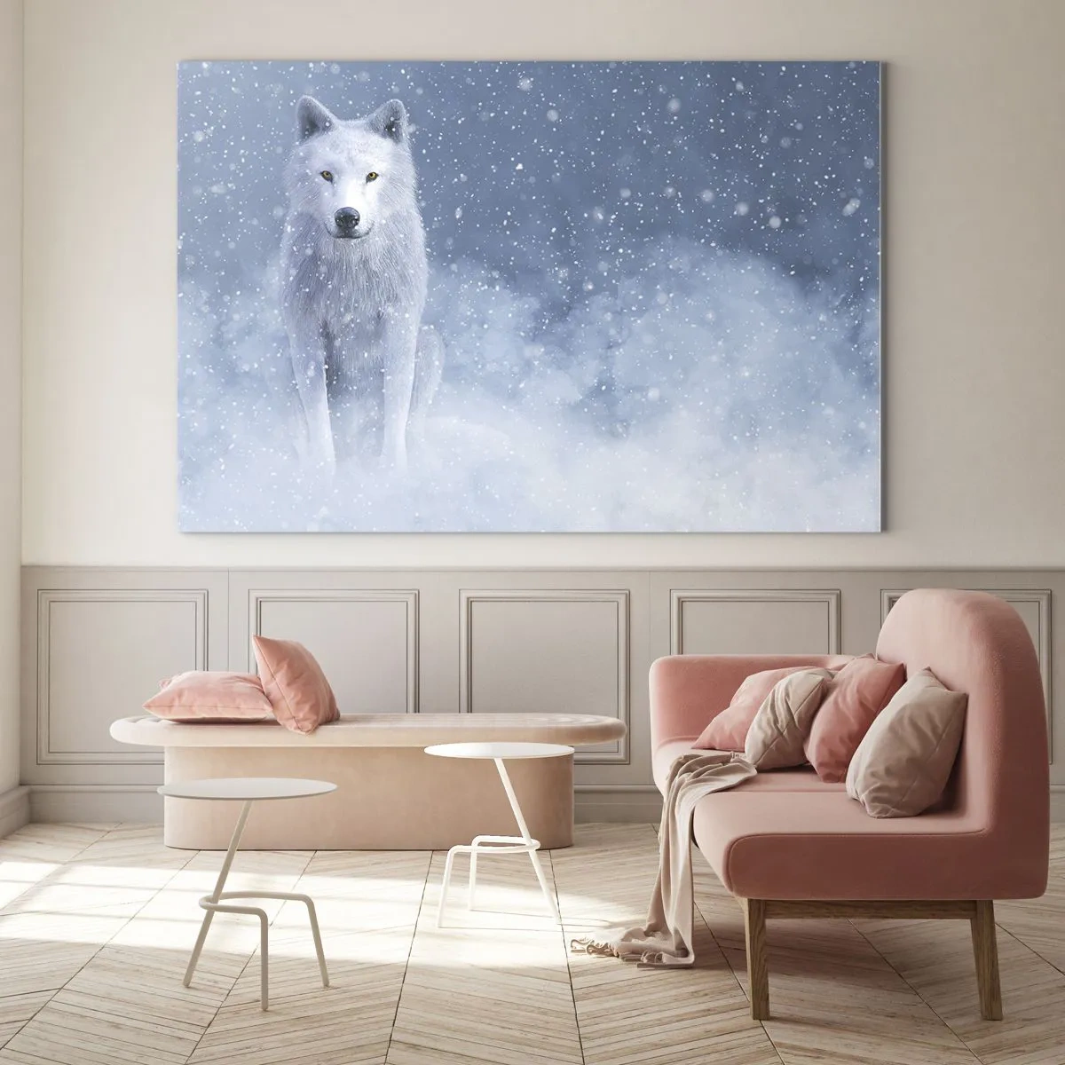 Obraz na skle - Bílý vlk ve sněhové bouři se dívá přímo před sebe - 70x50cm - V zimním duchu - Moderní nástěnná dekorace do obývacího pokoje a ložnice ARTTOR