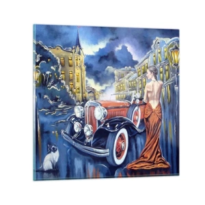 Obraz na skle - Nokturno v modré a korálové - 30x30 cm