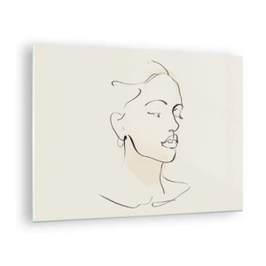 Obraz na skle - Ženský lineární portrét na světlém pozadí s jemnými stíny. - 70x50cm - Výrazným tahem - Moderní nástěnná dekorace do obývacího pokoje a ložnice ARTTOR