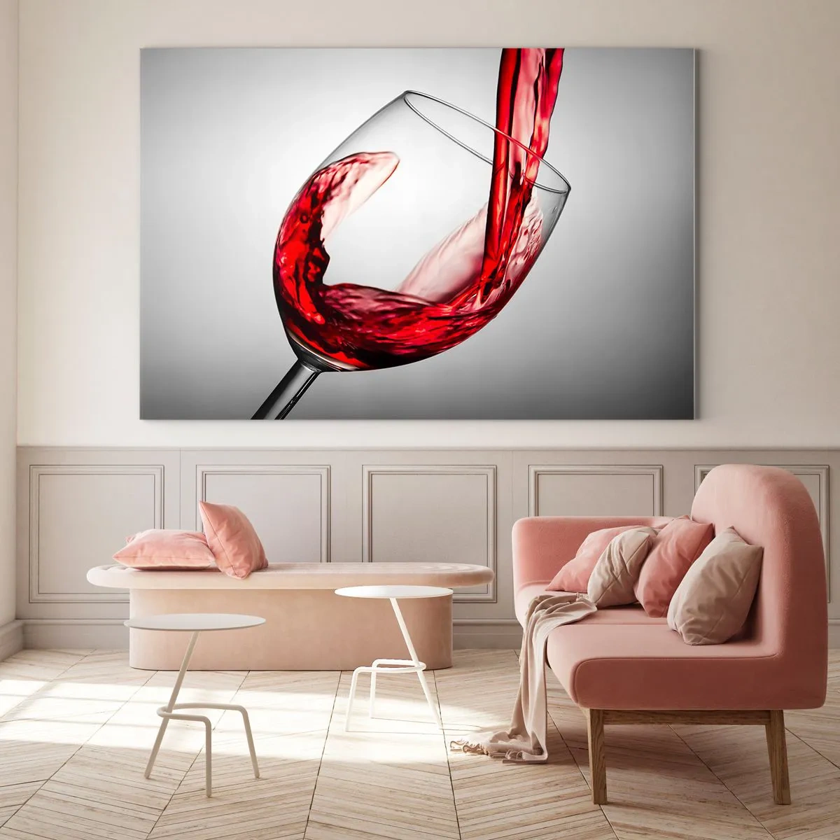 Obraz na skle - Červené víno nalévané do sklenice na světlém pozadí - 70x50cm - Barva - pohyb - zvuk - Moderní nástěnná dekorace do obývacího pokoje a ložnice ARTTOR