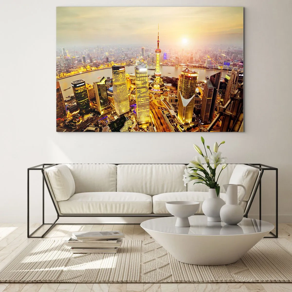 Obraz na skle - Panorama města při západu slunce s mrakodrapy - 70x50cm - Asijský sen - Moderní nástěnná dekorace do obývacího pokoje a ložnice ARTTOR