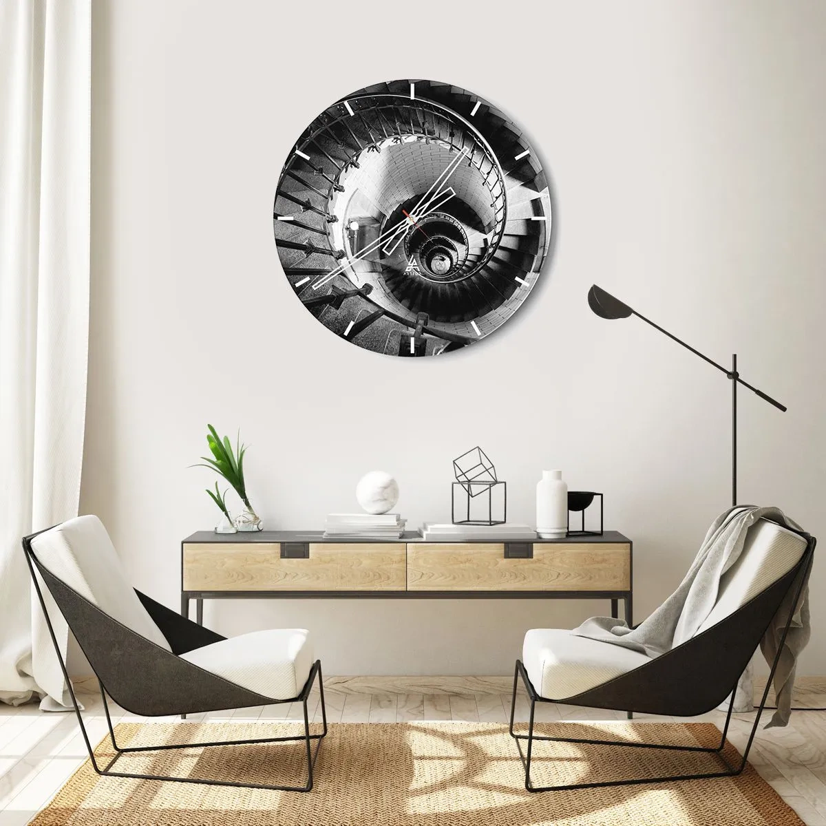 Nástěnné hodiny - Černobílé točité schodiště pohled shora - 30x30cm - Jen výš a výš - Moderní nástěnná dekorace do obývacího pokoje, kuchyně a ložnice ARTTOR