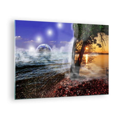 Obraz na skle - Fantastická krajina s mořem a planetou - 70x50cm - Surrealistická krajina - jednota přírody - Moderní nástěnná dekorace do obývacího pokoje a ložnice ARTTOR