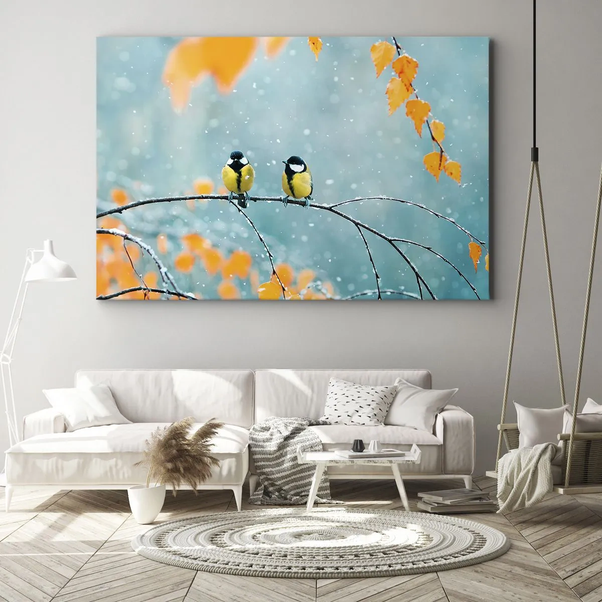 Obraz na plátně - Dva ptáci na větvi v zimním prostředí se žlutými listy. - 70x50cm - Ptačí drby - Moderní nástěnná dekorace do obývacího pokoje a ložnice ARTTOR