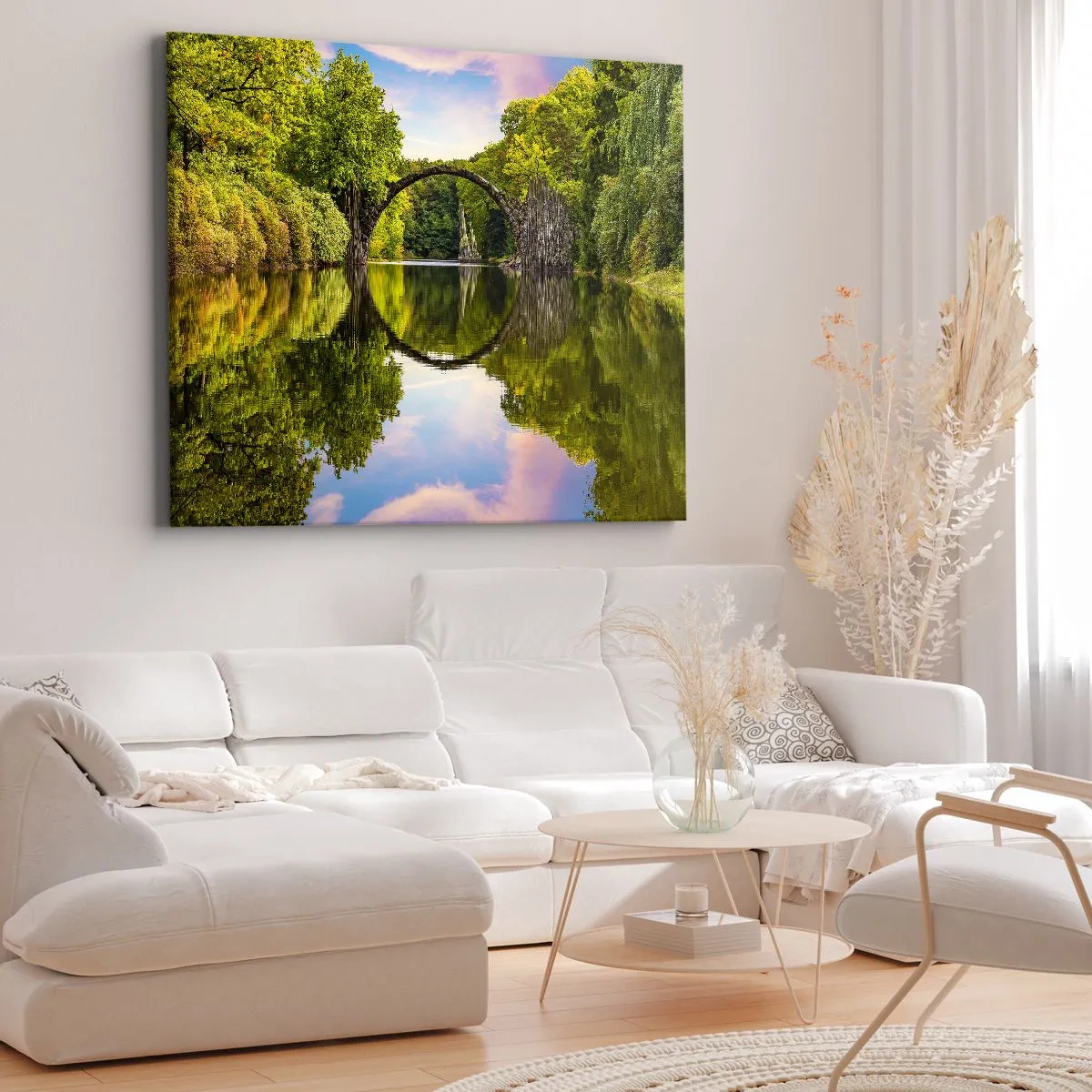 Obraz na plátně - Kamenný most přes řeku s dokonalým odrazem ve vodě - 70x50cm - Na rozhraní dvou světů - Moderní nástěnná dekorace do obývacího pokoje a ložnice ARTTOR