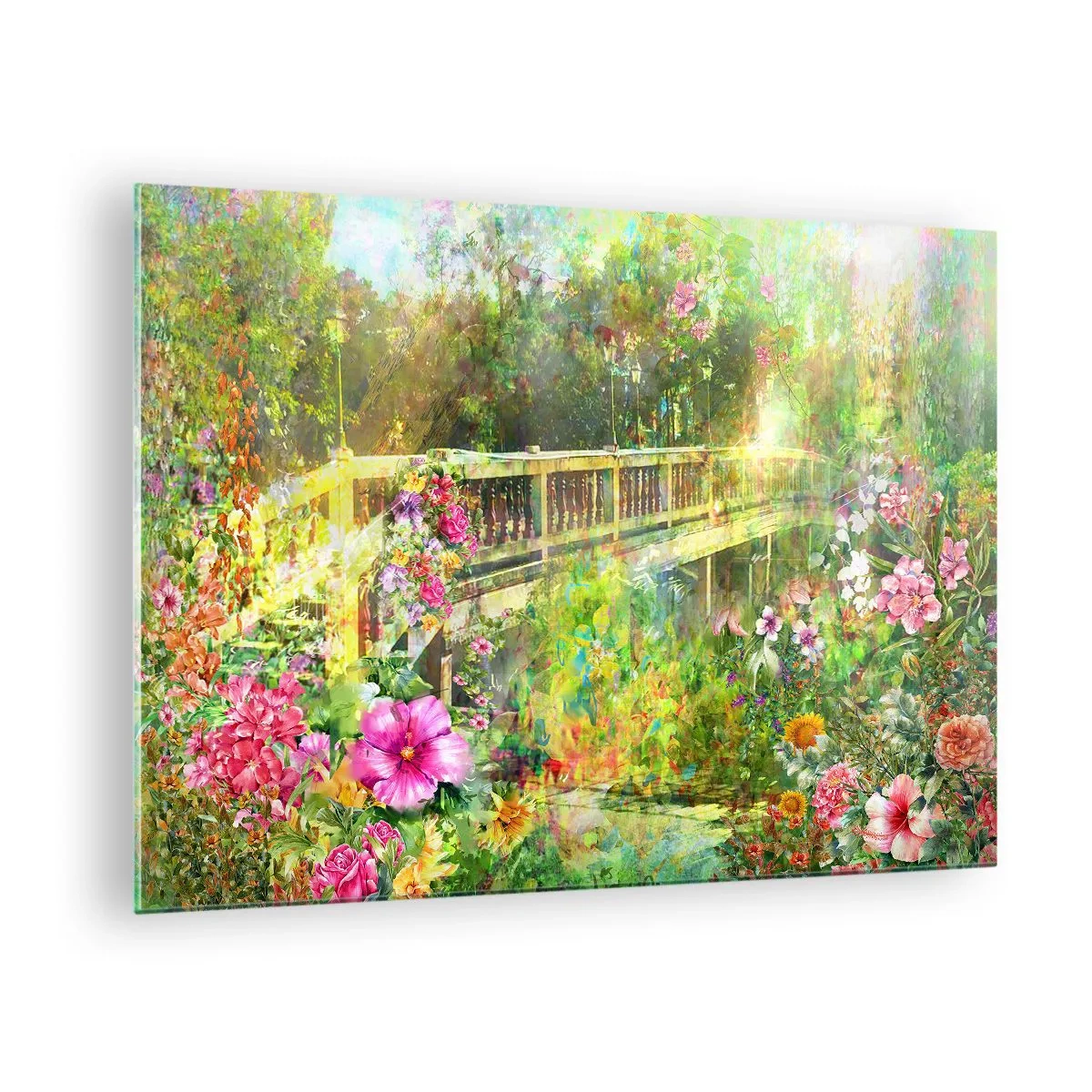 Obraz na skle - Most obklopený bujnou vegetací a barevnými květinami - 70x50cm - Můstek jarního vzdychání - Moderní nástěnná dekorace do obývacího pokoje a ložnice ARTTOR