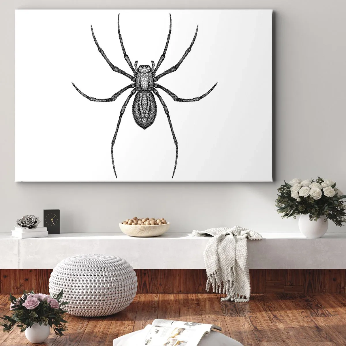 Obraz na plátně - Detail pavouka na bílém pozadí v kresleném stylu - 70x50cm - Znepokojivá přesnost - Moderní nástěnná dekorace do obývacího pokoje a ložnice ARTTOR