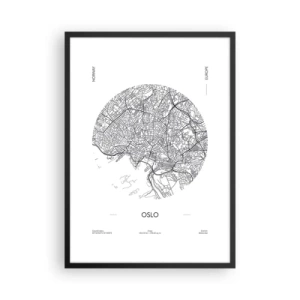 Plakát v černém rámu - Minimalistická černobílá mapa Osla - 50x70cm - Anatomie Osla - Moderní nástěnná dekorace do obývacího pokoje a ložnice ARTTOR
