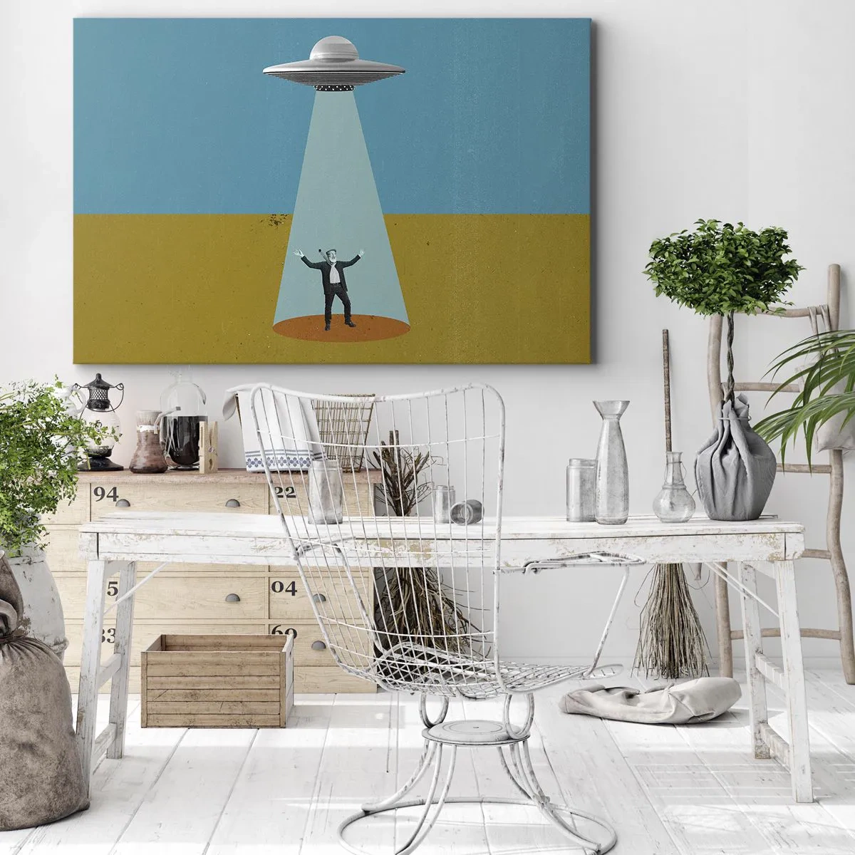Obraz na plátně - Muž ve světle UFO na pozadí barevné krajiny - 70x50cm - Blízké setkání - Moderní nástěnná dekorace do obývacího pokoje a ložnice ARTTOR