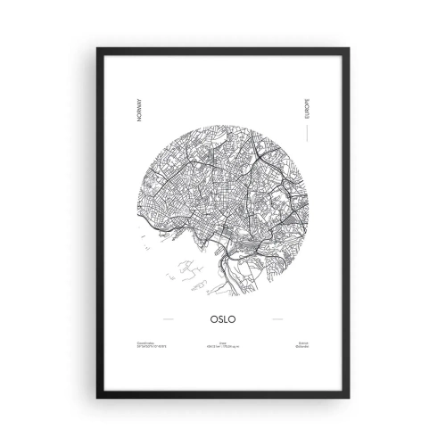 Plakát v černém rámu - Minimalistická černobílá mapa Osla - 50x70cm - Anatomie Osla - Moderní nástěnná dekorace do obývacího pokoje a ložnice ARTTOR