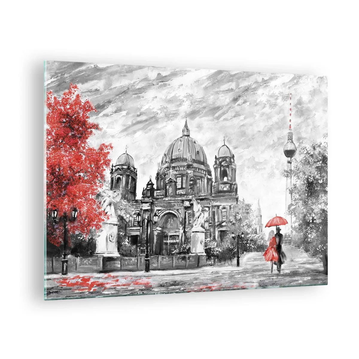 Obraz na skle - Berlínská katedrála s červeným akcentem v monochromatických tónech - 70x50cm - Berlínské setkání - Moderní nástěnná dekorace do obývacího pokoje a ložnice ARTTOR