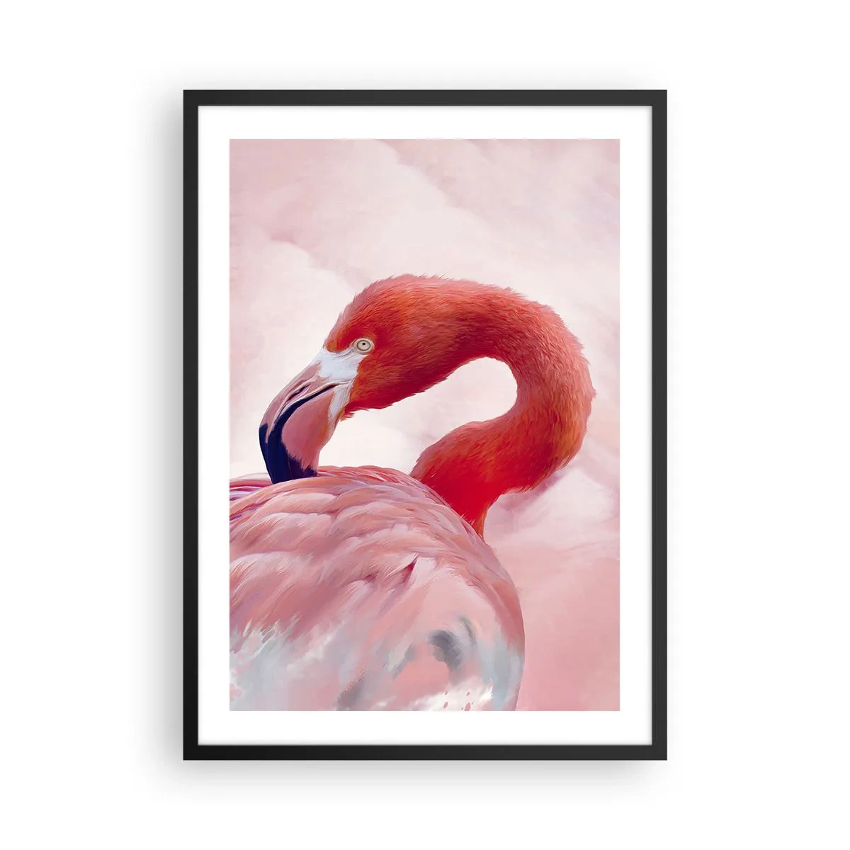 Plakát v černém rámu - Růžový plameňák na světlém pozadí - 50x70cm - Ptačí krása - Moderní nástěnná dekorace do obývacího pokoje a ložnice ARTTOR