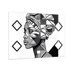 Obraz na skle - Černobílý etnický portrét ženy s geometrickými vzory - 70x50cm - Etnický portrét - Moderní nástěnná dekorace do obývacího pokoje a ložnice ARTTOR