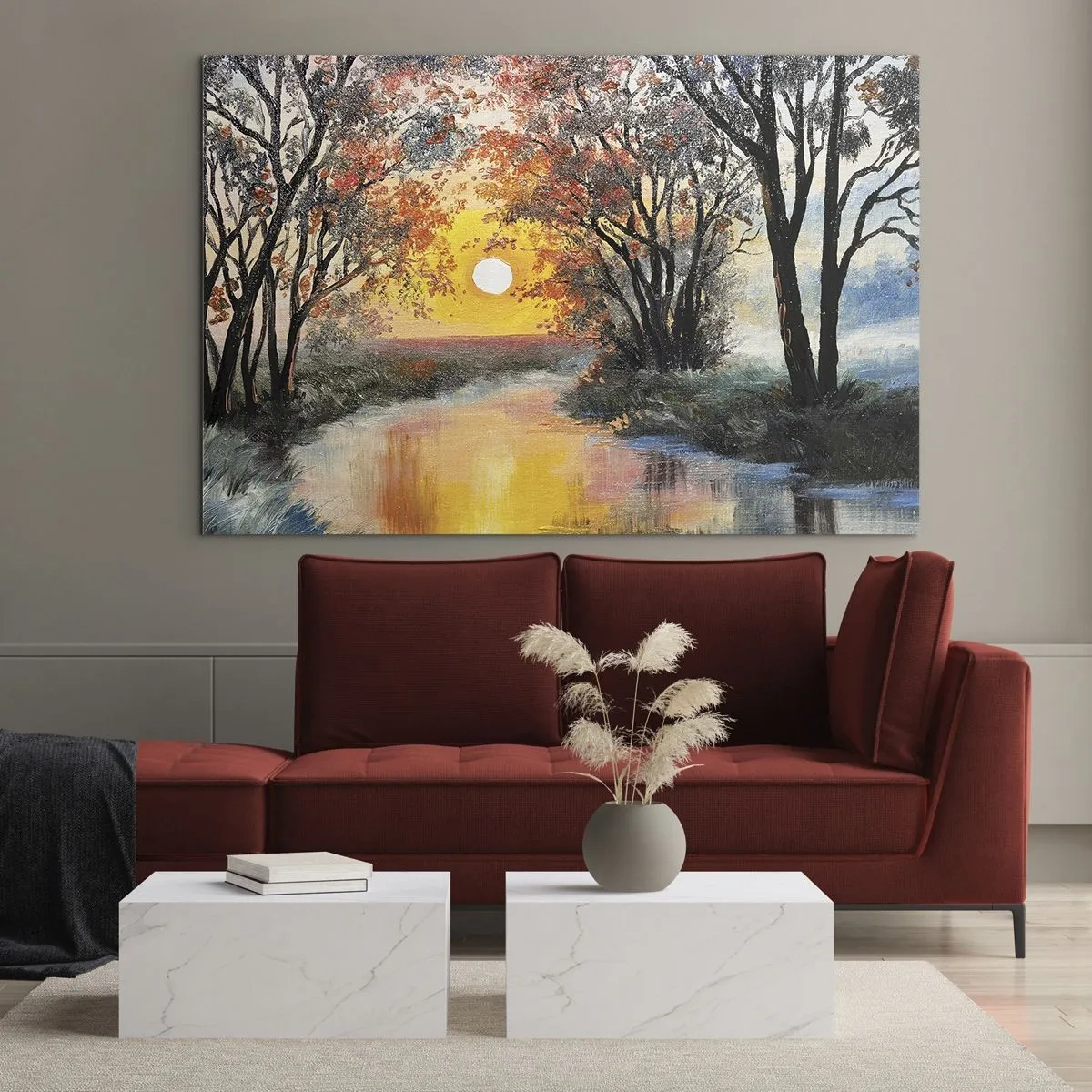 Obraz na skle - Západ slunce nad řekou mezi stromy - 70x50cm - Podzimní nádech - Moderní nástěnná dekorace do obývacího pokoje a ložnice ARTTOR