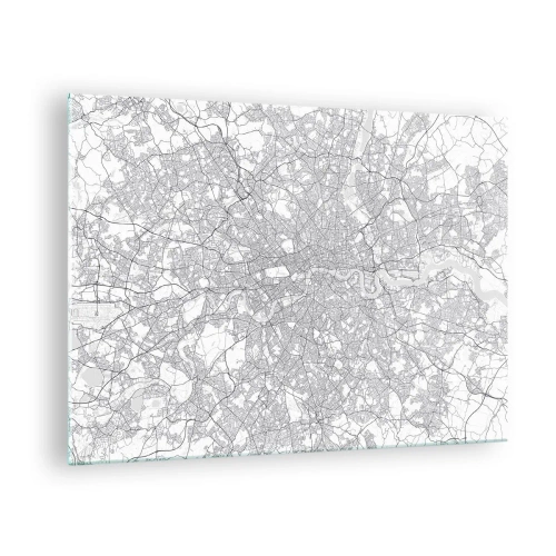 Obraz na skle - Černobílá mapa s hustou mřížkou ulic v minimalistickém stylu. - 70x50cm - Mapa londýnského labyrintu - Moderní nástěnná dekorace do obývacího pokoje a ložnice ARTTOR