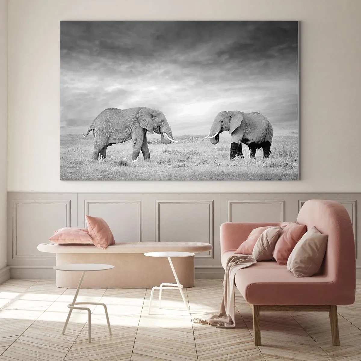 Obraz na skle - Dva sloni na savaně v odstínech černé a bílé - 70x50cm - Šedá je krásná - Moderní nástěnná dekorace do obývacího pokoje a ložnice ARTTOR