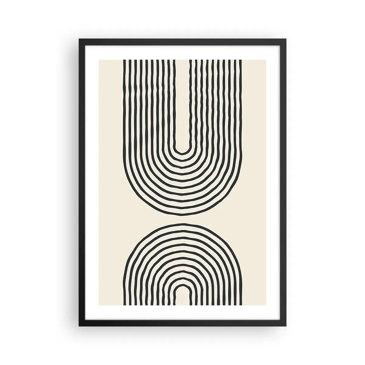 Plakát v černém rámu - Abstraktní vzor s čarami tvořícími symetrické oblouky v minimalistickém stylu. - 50x70cm - Již brzy… - Moderní nástěnná dekorace do obývacího pokoje a ložnice ARTTOR
