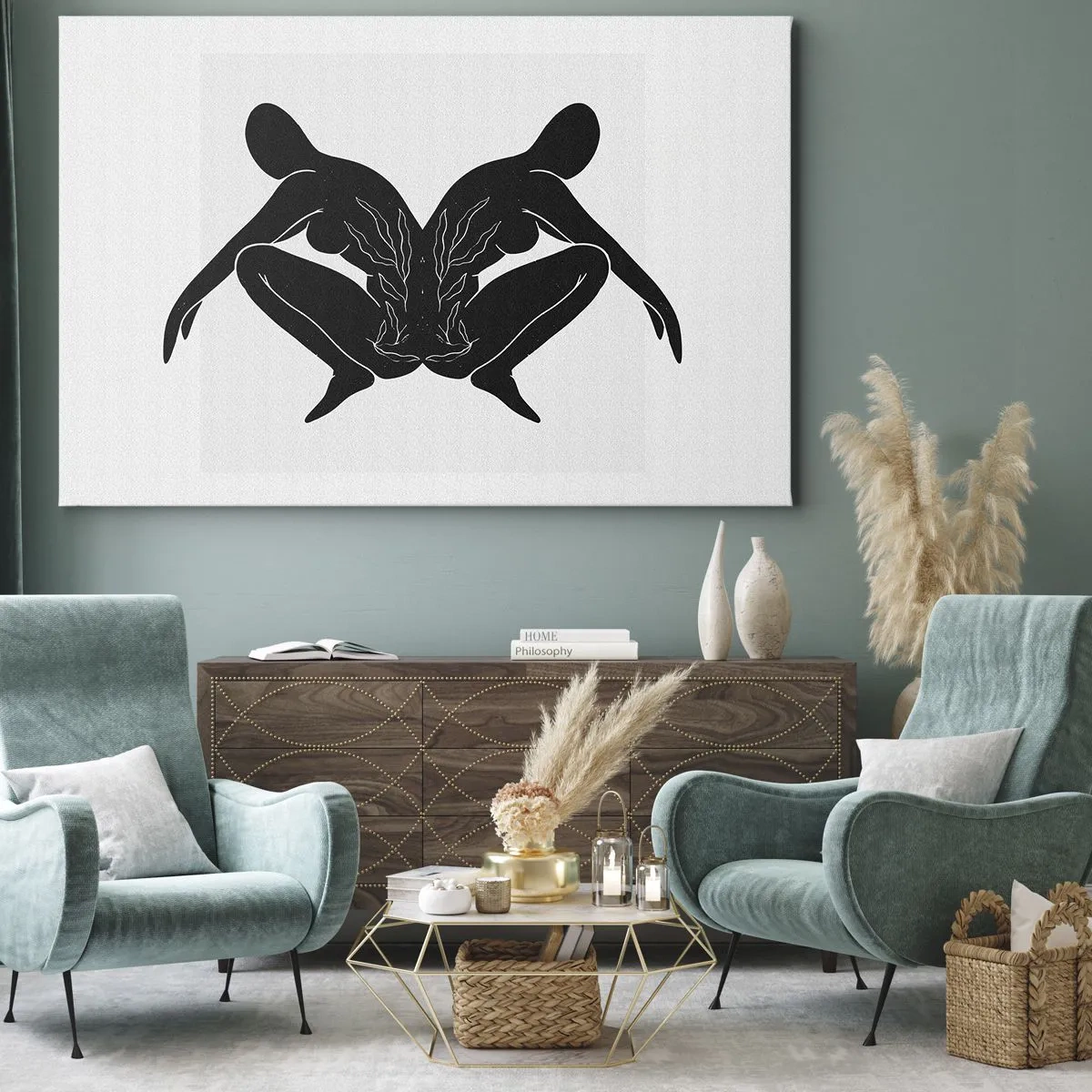 Obraz na plátně - Černé siluety v symetrické poloze na bílém pozadí - 70x50cm - Společná duše - Moderní nástěnná dekorace do obývacího pokoje a ložnice ARTTOR