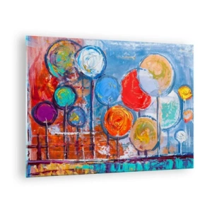 Obraz na skle - Barevné, abstraktní stromy namalované proti obloze - 70x50cm - Zázraky na tyči - Moderní nástěnná dekorace do obývacího pokoje a ložnice ARTTOR