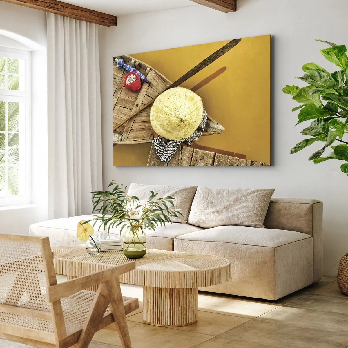 Obraz na plátně - Tradiční loď z ptačí perspektivy - 70x50cm - Život na žluté řece - Moderní nástěnná dekorace do obývacího pokoje a ložnice ARTTOR